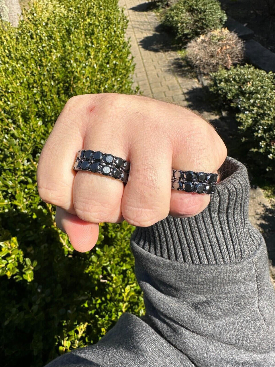 Black MOISSANITE Double Row Eternity Ring - 925 Silver Oxidized Rhodium