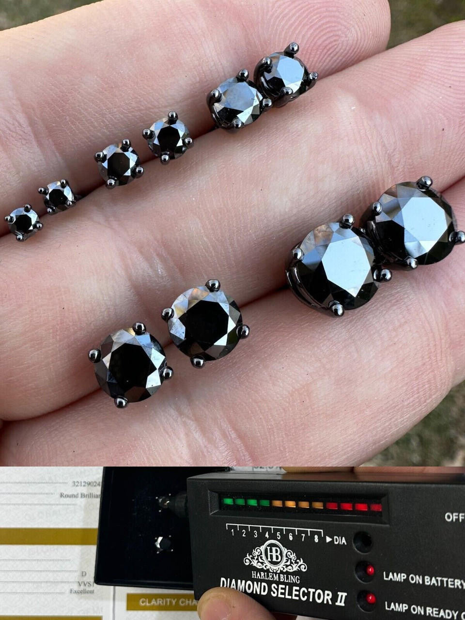 Black MOISSANITE Solitaire Stud Earrings - Black Rhodium Over 925 Silver - 3mm-8mm - 0.2-4ct
