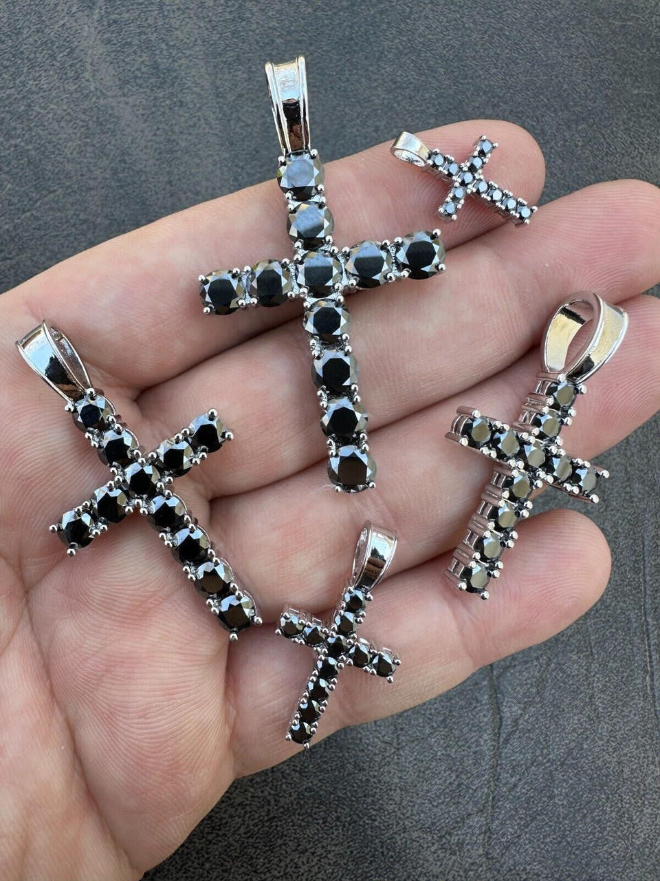 Black MOISSANITE Tennis Cross - 925 Silver - 5 Sizes 0.75"-2.25"