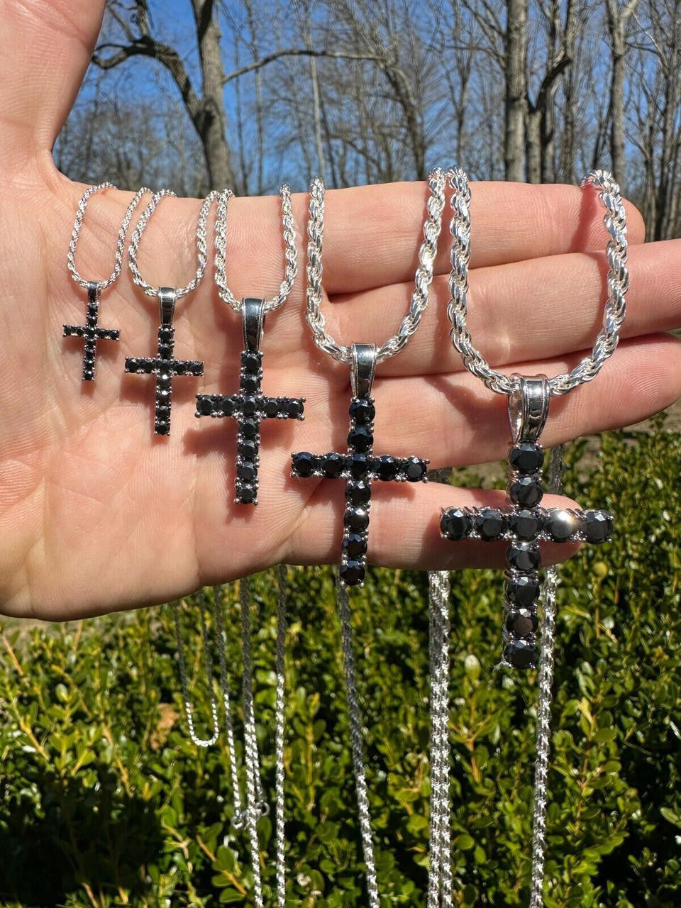 Black MOISSANITE Tennis Cross - 925 Silver - 5 Sizes 0.75"-2.25"