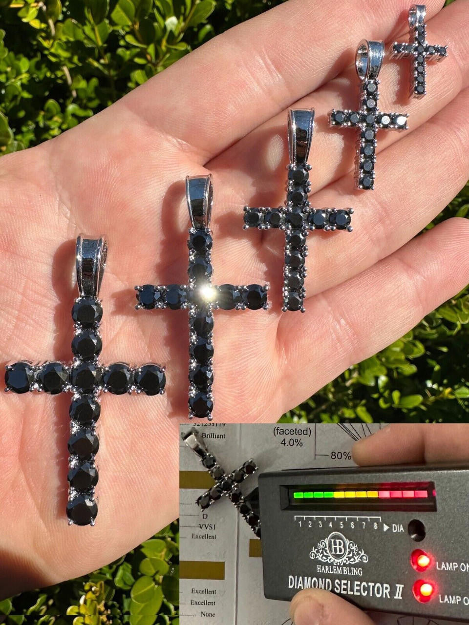 Black MOISSANITE Tennis Cross - 925 Silver - 5 Sizes 0.75"-2.25"