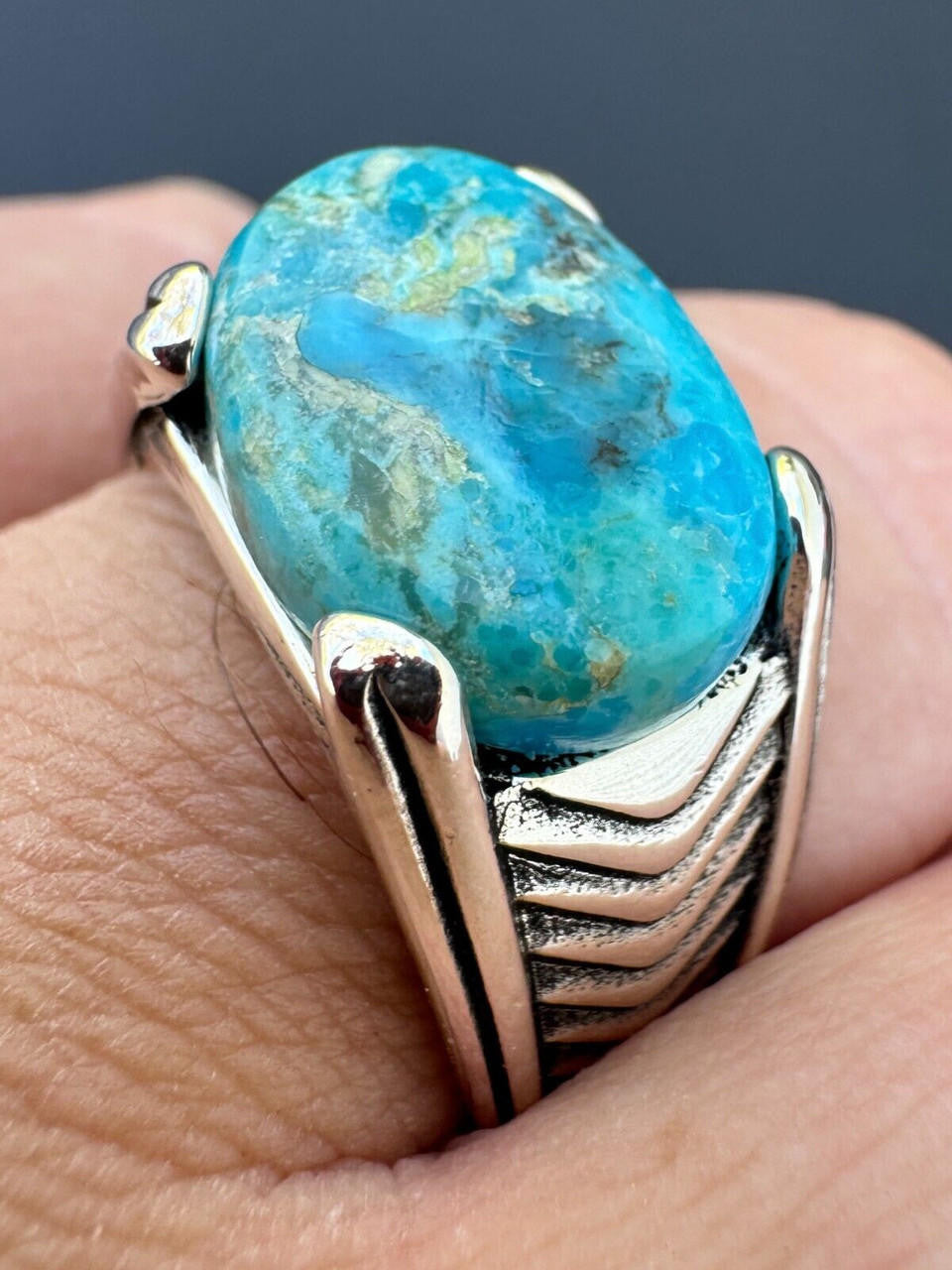 Classic Stone Eye Ring - 925 Silver Oxidized - Genuine Blue Turquoise Stone