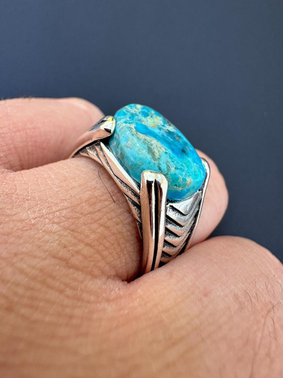 Classic Stone Eye Ring - 925 Silver Oxidized - Genuine Blue Turquoise Stone