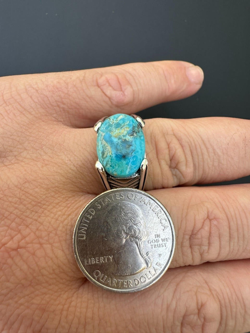 Classic Stone Eye Ring - 925 Silver Oxidized - Genuine Blue Turquoise Stone