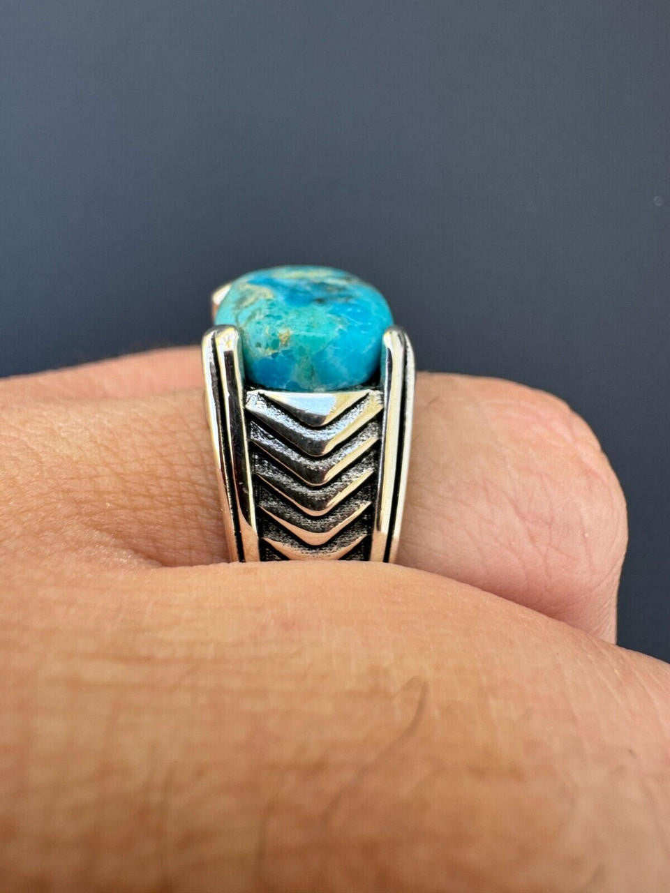Classic Stone Eye Ring - 925 Silver Oxidized - Genuine Blue Turquoise Stone