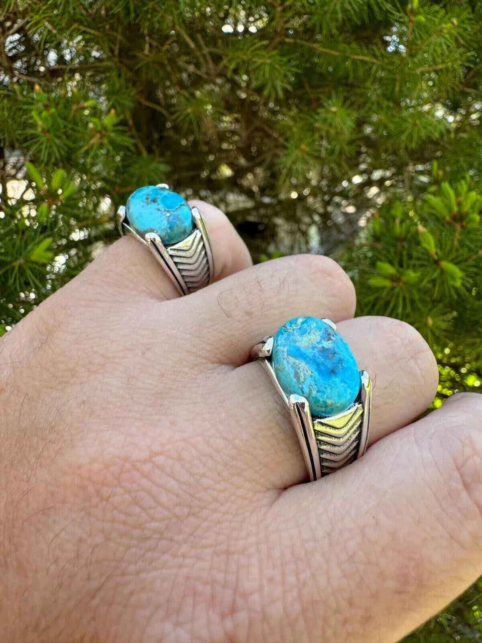 Classic Stone Eye Ring - 925 Silver Oxidized - Genuine Blue Turquoise Stone