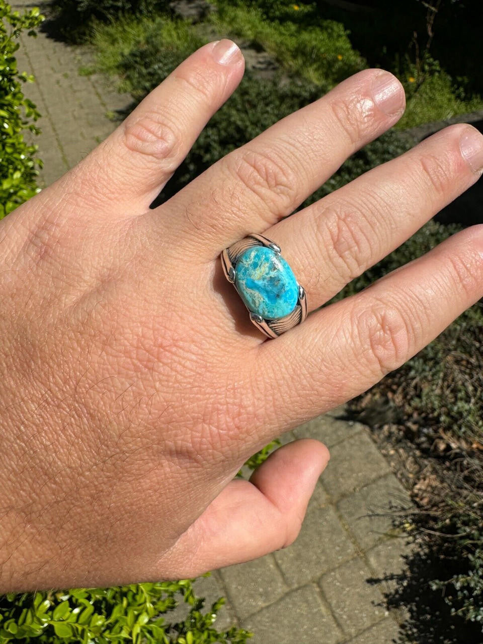 Classic Stone Eye Ring - 925 Silver Oxidized - Genuine Blue Turquoise Stone