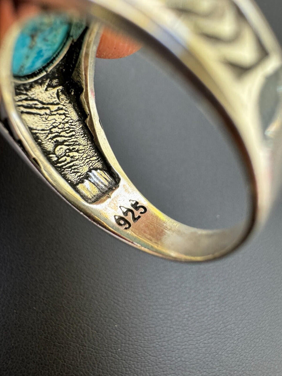 Classic Stone Eye Ring - 925 Silver Oxidized - Genuine Blue Turquoise Stone
