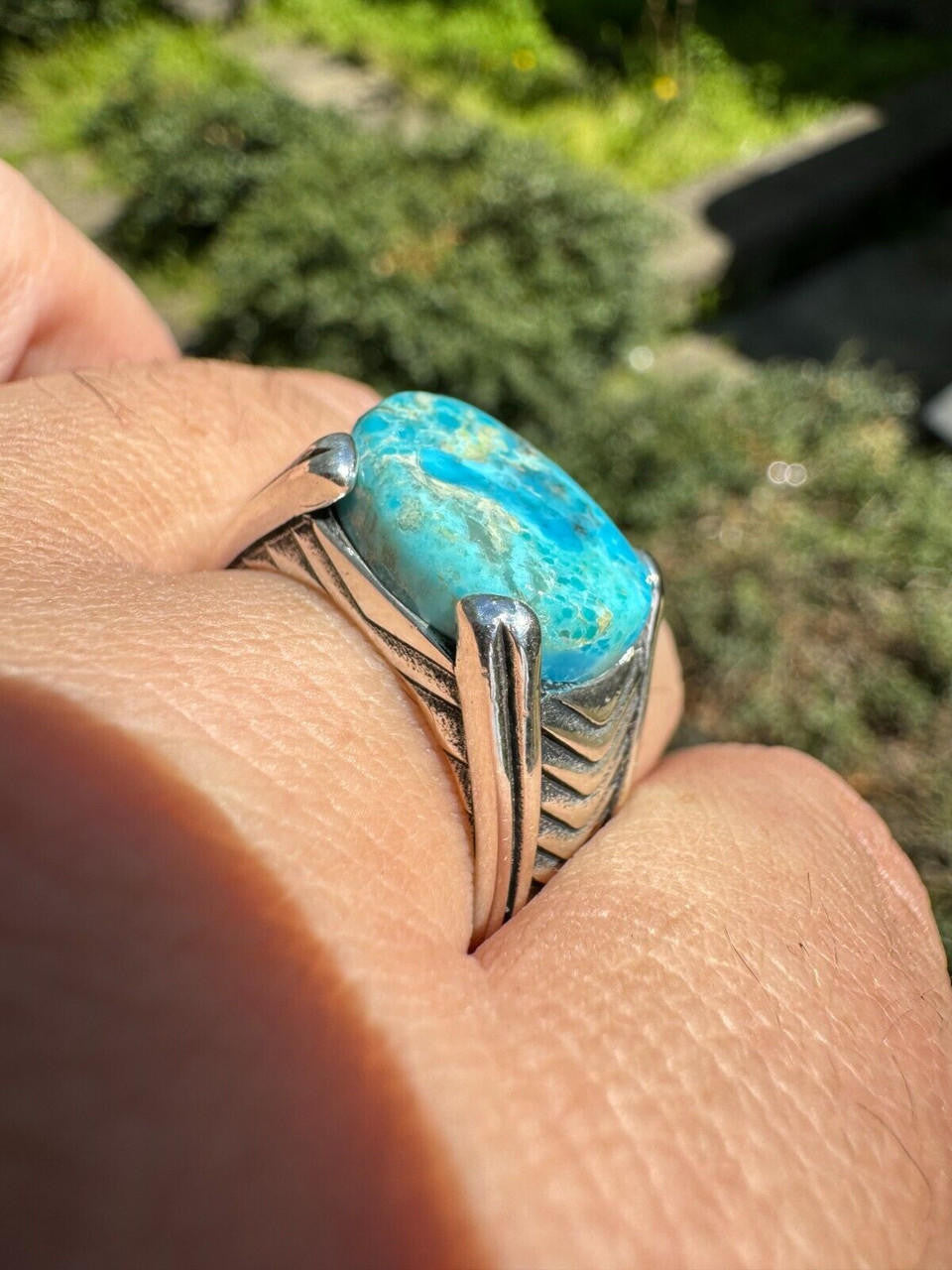 Classic Stone Eye Ring - 925 Silver Oxidized - Genuine Blue Turquoise Stone