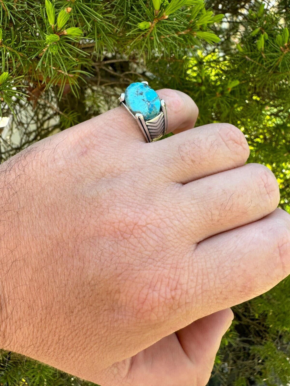 Classic Stone Eye Ring - 925 Silver Oxidized - Genuine Blue Turquoise Stone