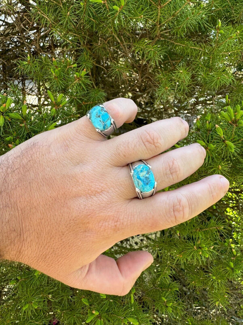 Classic Stone Eye Ring - 925 Silver Oxidized - Genuine Blue Turquoise Stone
