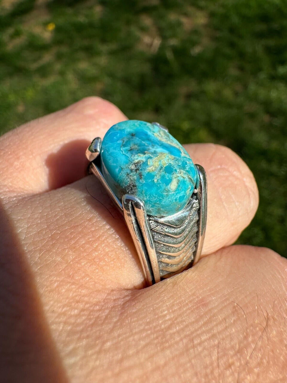 Classic Stone Eye Ring - 925 Silver Oxidized - Genuine Blue Turquoise Stone