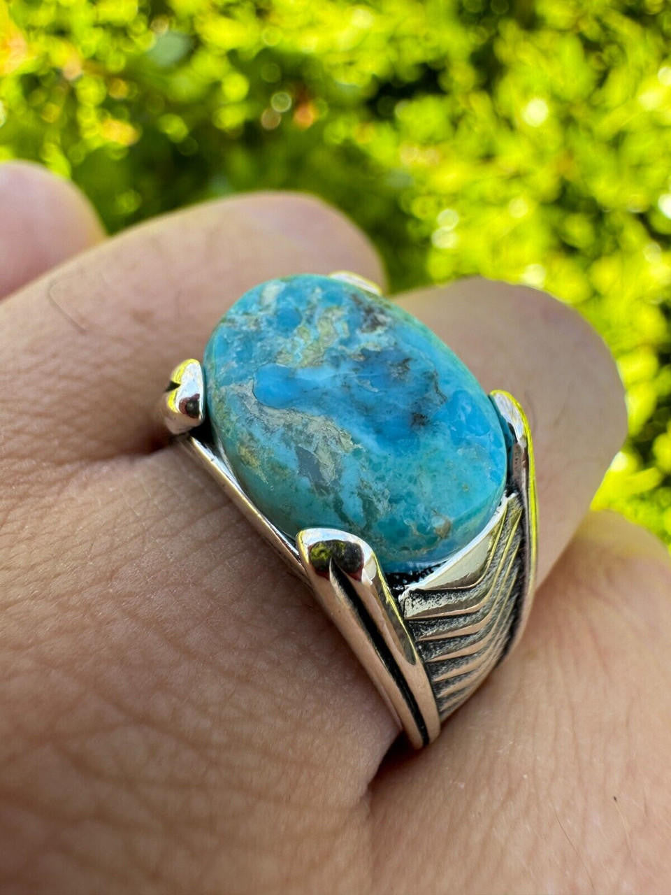 Classic Stone Eye Ring - 925 Silver Oxidized - Genuine Blue Turquoise Stone