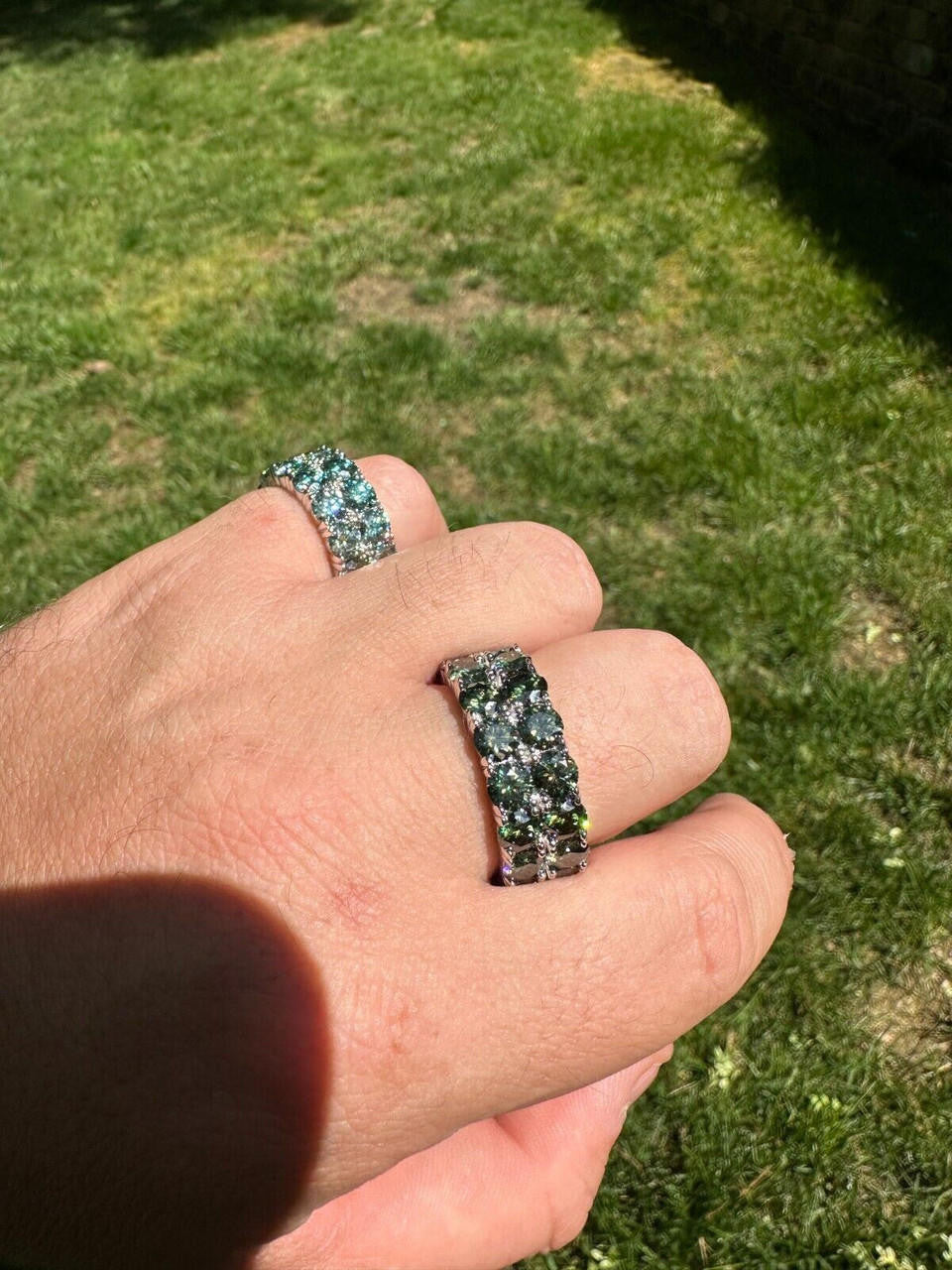 Blue Green Moissanite Double Row Eternity Ring - Natural 925 Silver