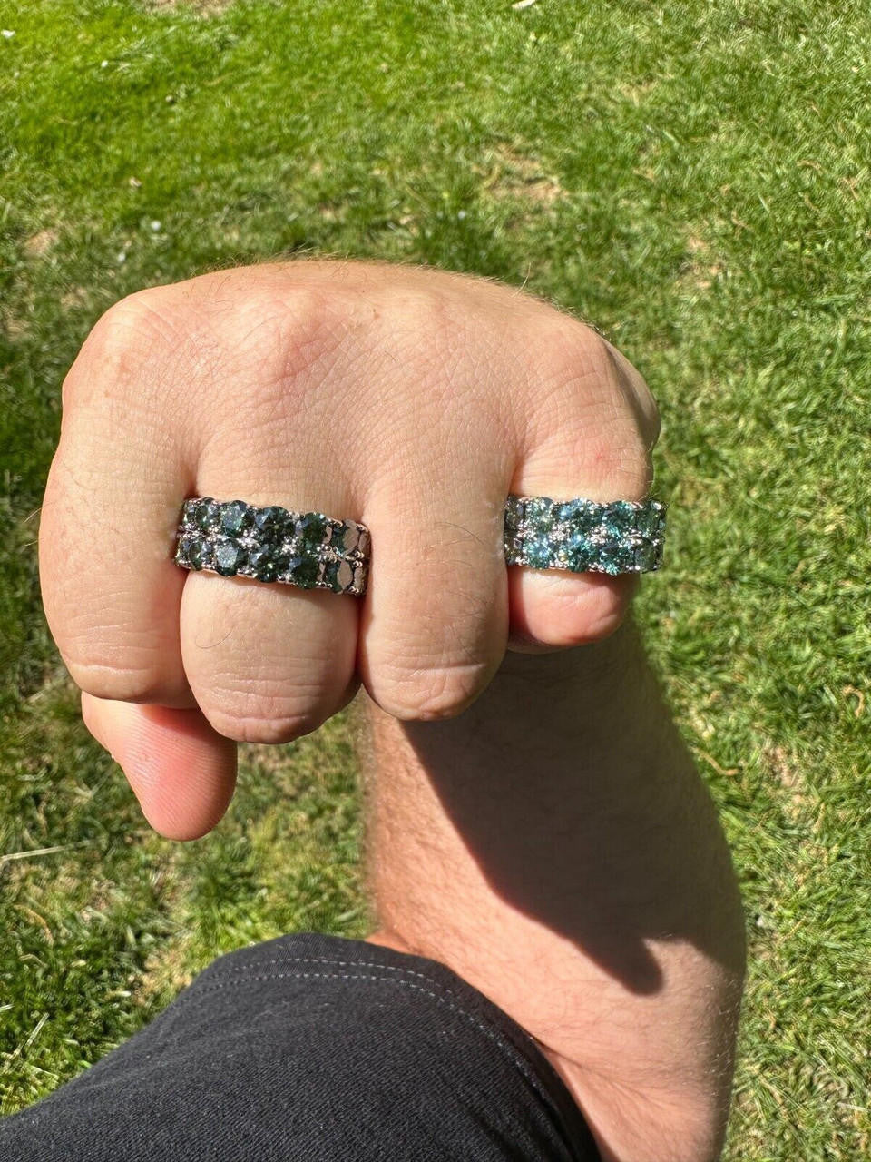 Blue Green Moissanite Double Row Eternity Ring - Natural 925 Silver