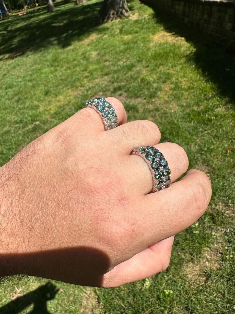 Blue Green Moissanite Double Row Eternity Ring - Natural 925 Silver