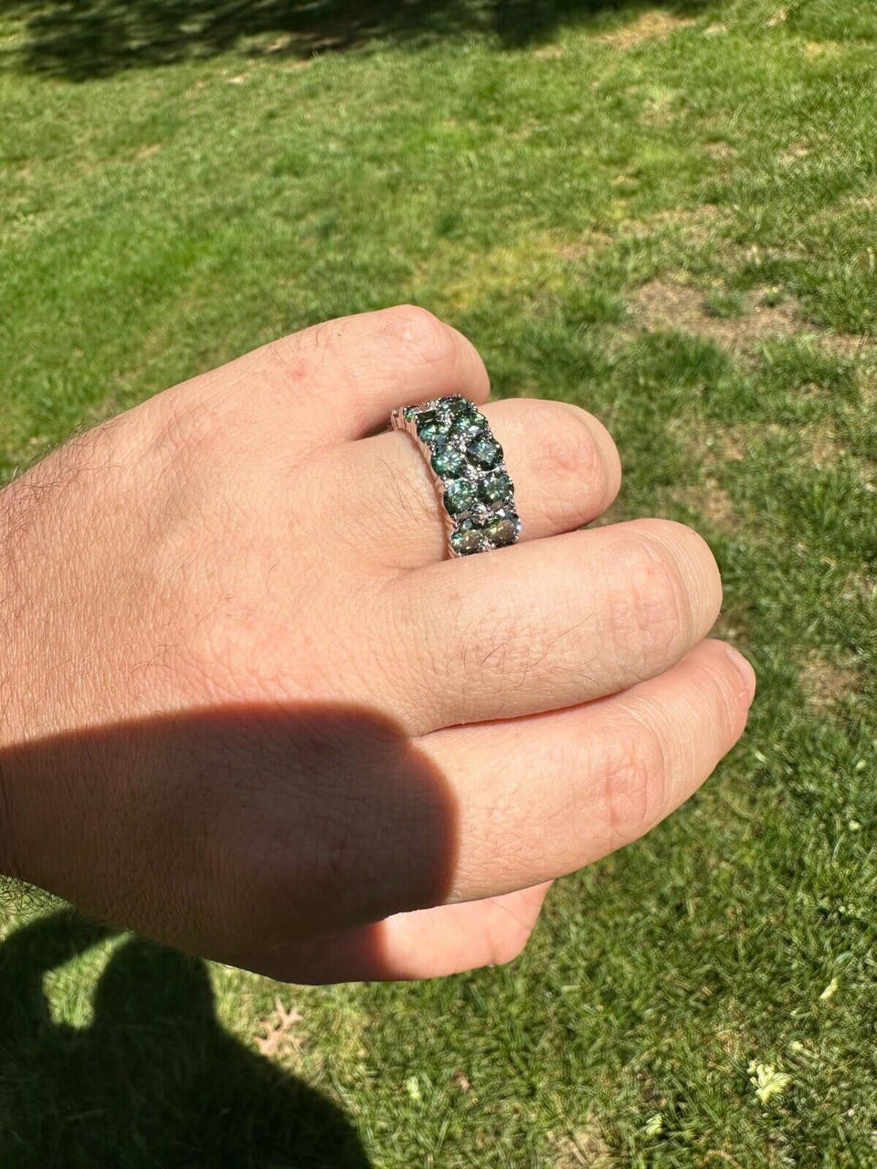 Blue Green Moissanite Double Row Eternity Ring - Natural 925 Silver
