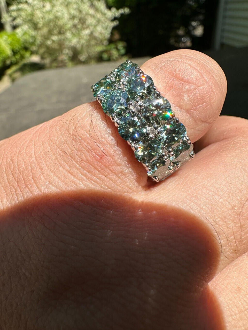 Blue Green Moissanite Double Row Eternity Ring - Natural 925 Silver