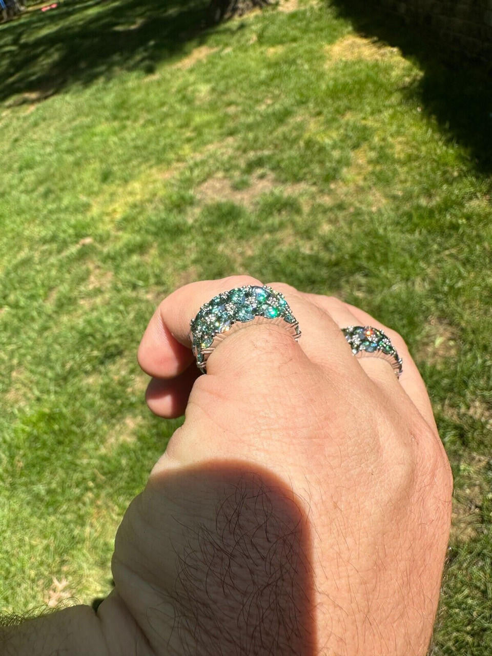 Blue Green Moissanite Double Row Eternity Ring - Natural 925 Silver