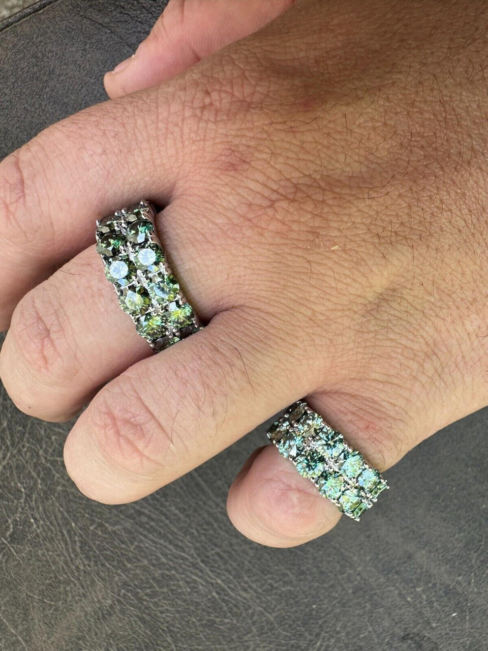 Blue Green Moissanite Double Row Eternity Ring - Natural 925 Silver