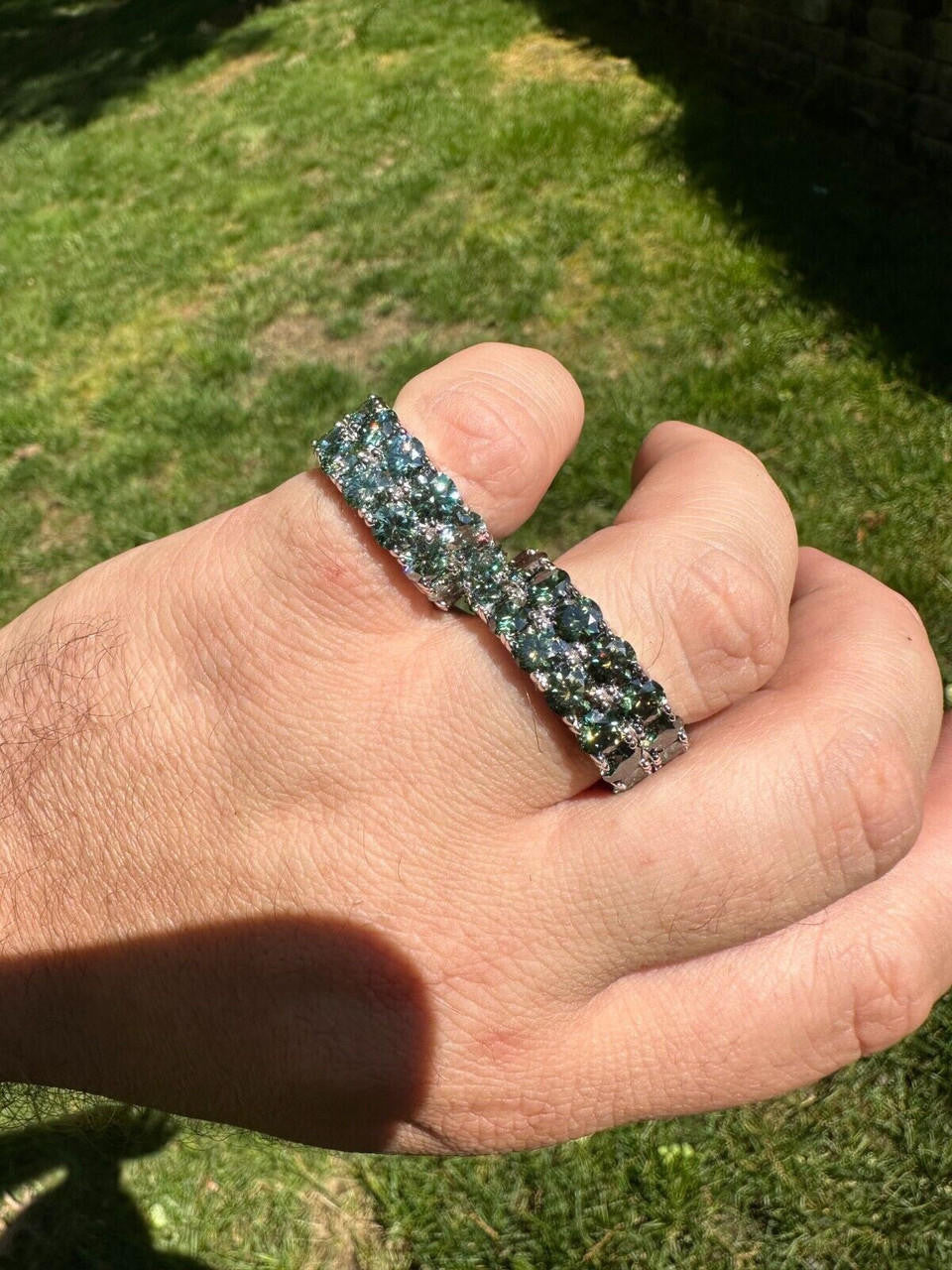 Blue Green Moissanite Double Row Eternity Ring - Natural 925 Silver