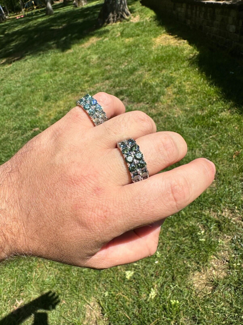 Blue Green Moissanite Double Row Eternity Ring - Natural 925 Silver