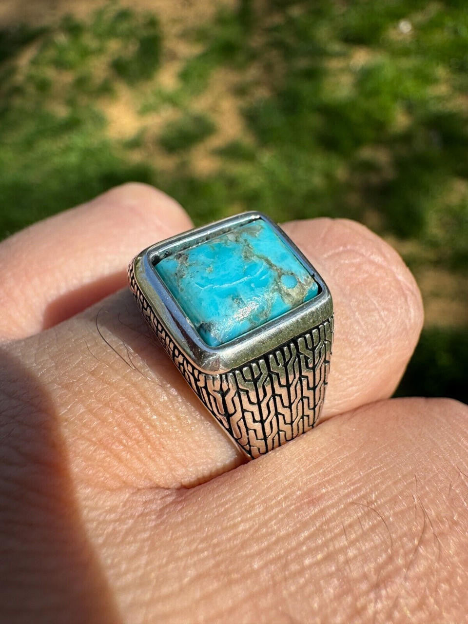 NYC Blue Vision Ring - 925 Silver Oxidized - Genuine Blue Turquoise Stone