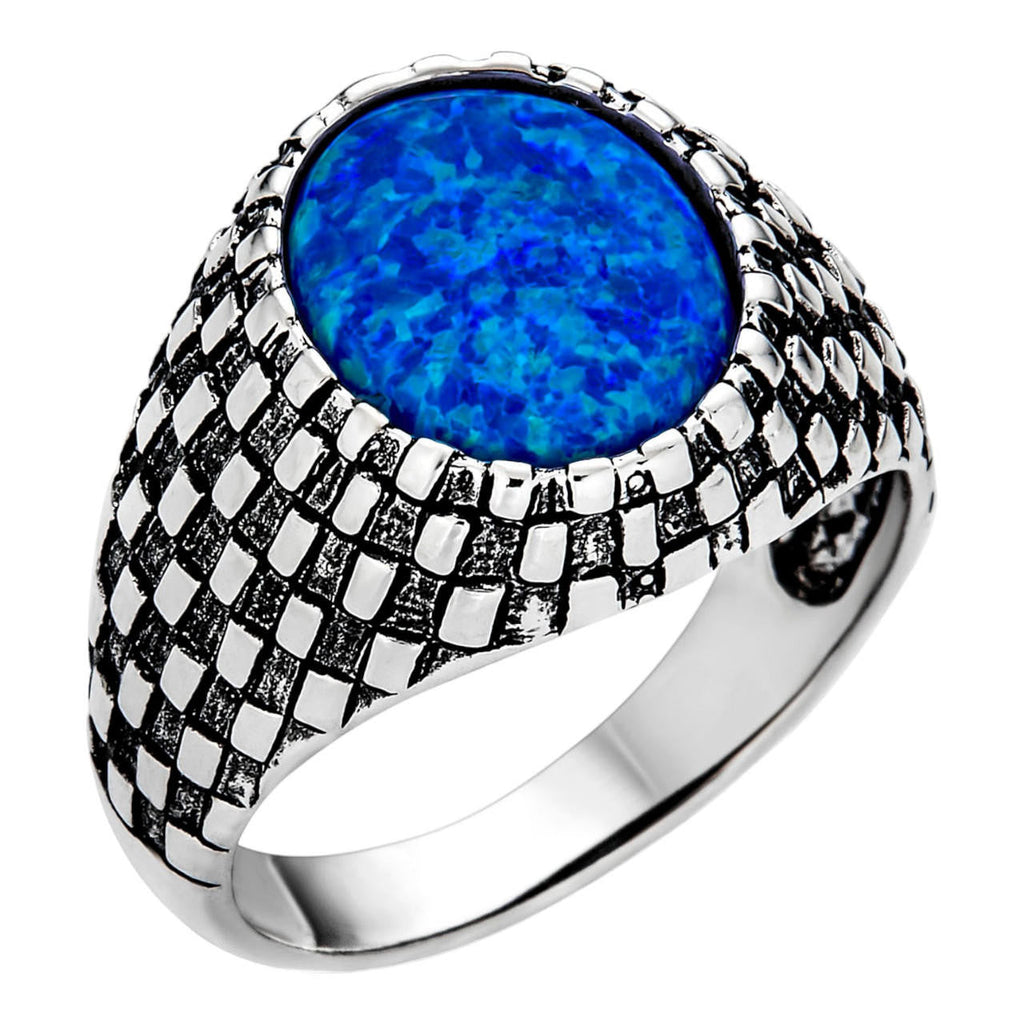 Black & White Ring - 925 Silver Oxidized - Synthetic Blue Opal