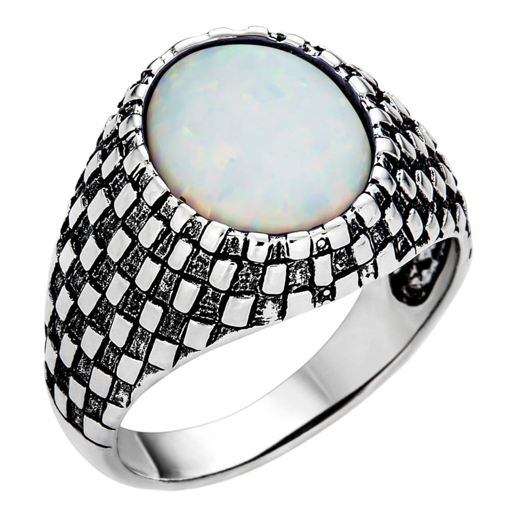 Black & White Ring - 925 Silver Oxidized - Synthetic White Opal