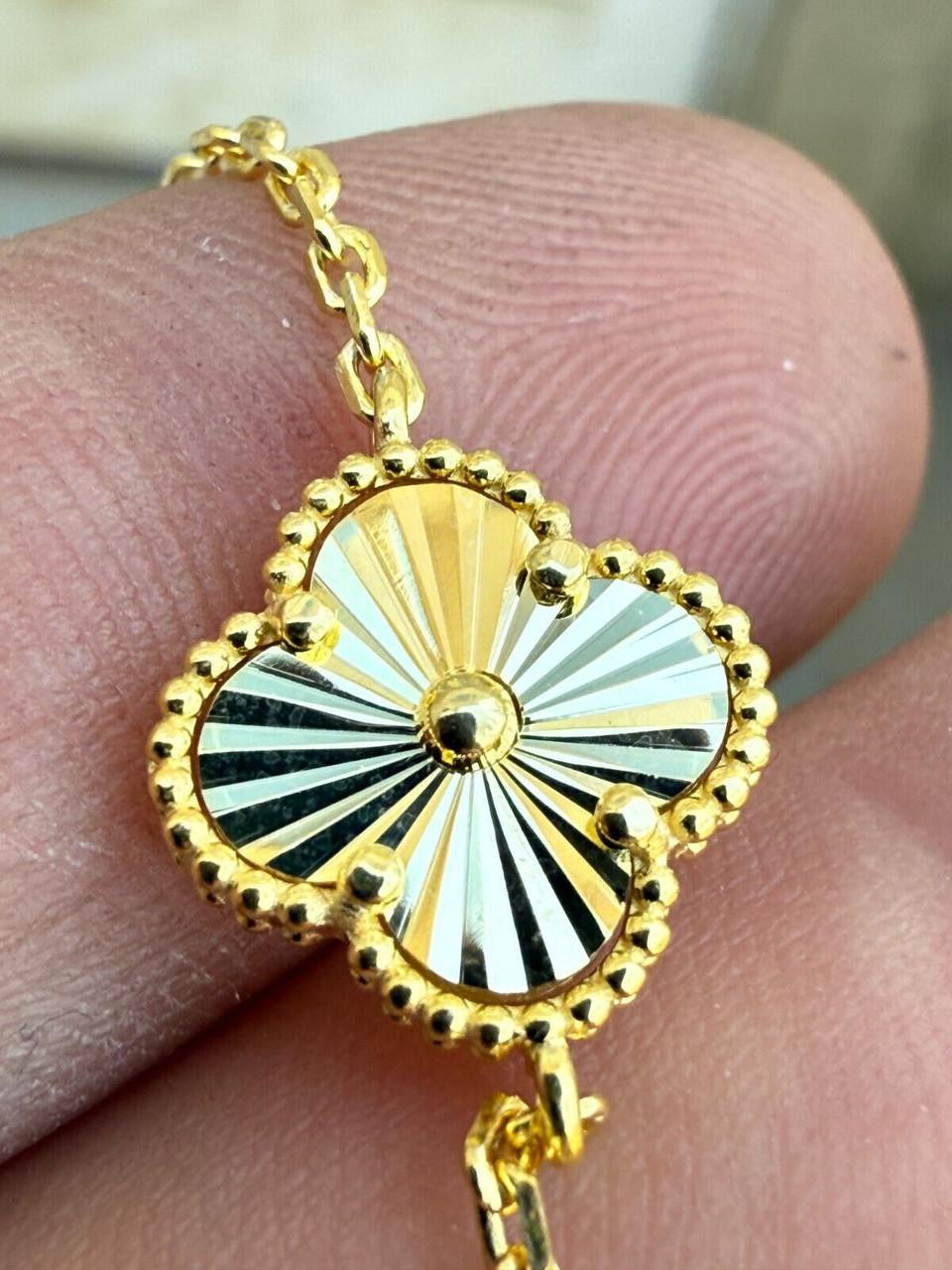 Cleef Clover Link Chain Necklace Or Bracelet Diamond Cut Motifs - 14k Gold Vermeil 925 Sterling Silver - 5.5"-24"