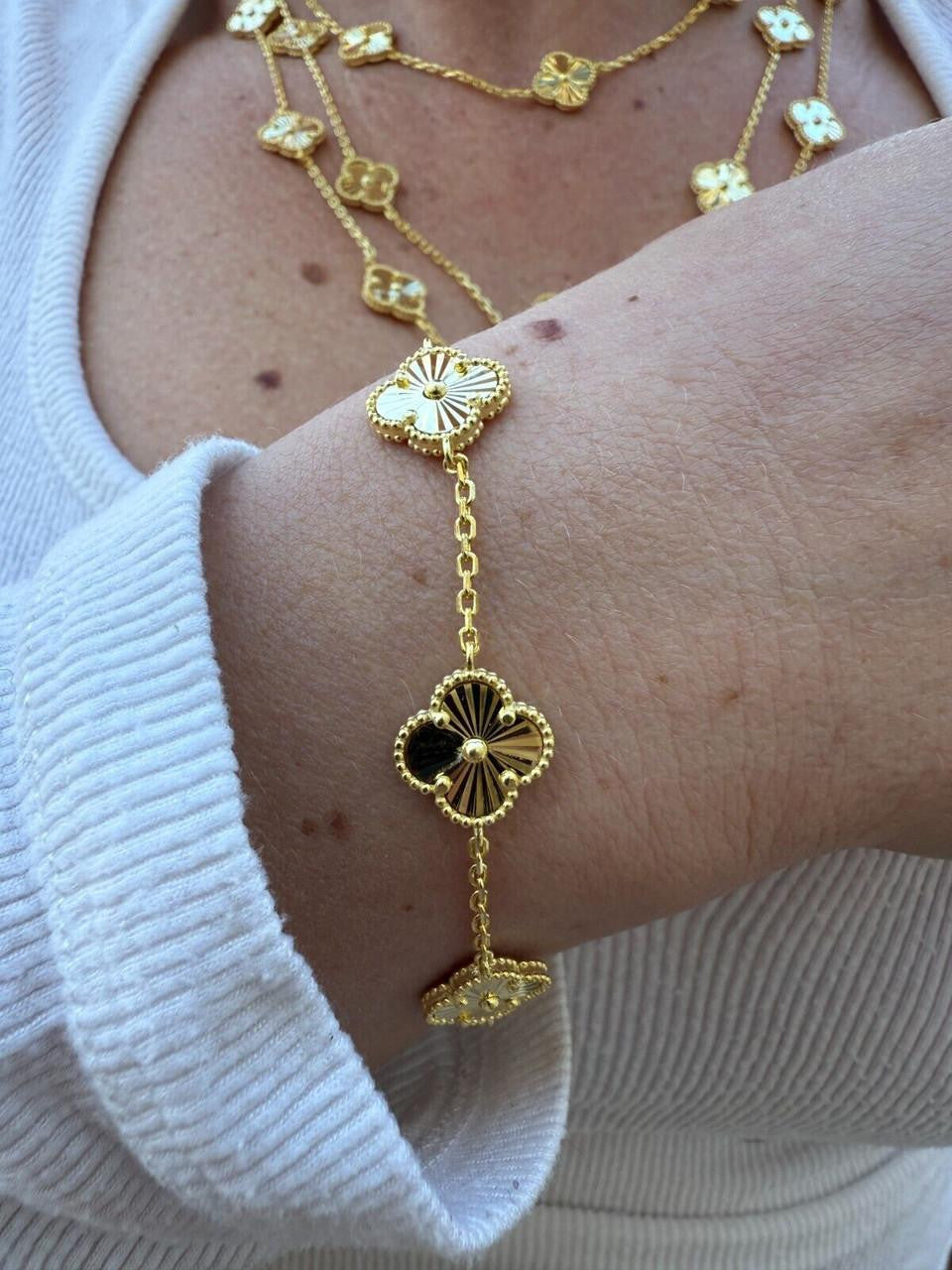 Cleef Clover Link Chain Necklace Or Bracelet Diamond Cut Motifs - 14k Gold Vermeil 925 Sterling Silver - 5.5"-24"