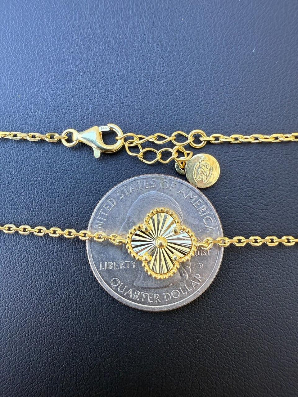 Cleef Clover Link Chain Necklace Or Bracelet Diamond Cut Motifs - 14k Gold Vermeil 925 Sterling Silver - 5.5"-24"