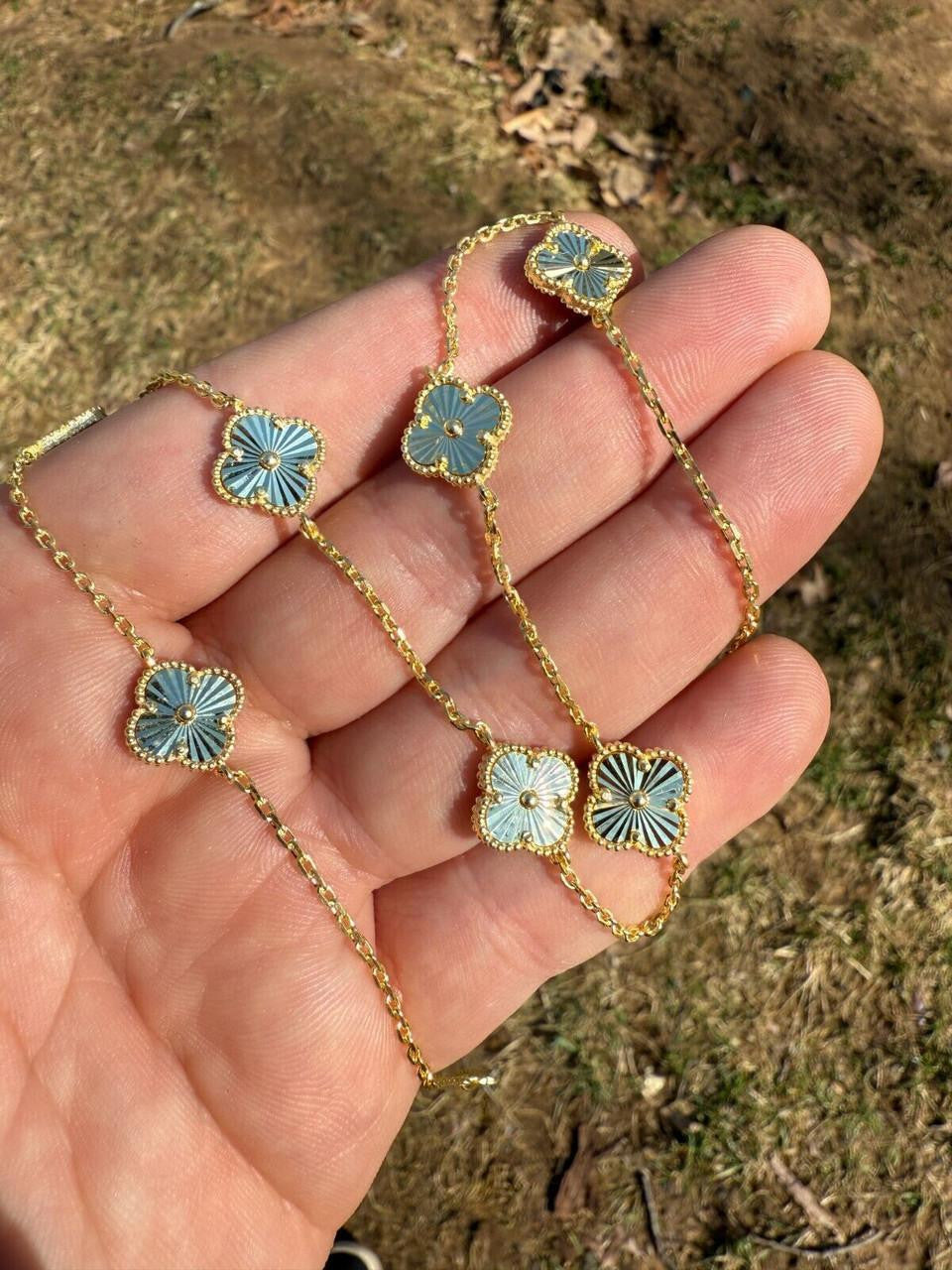 Cleef Clover Link Chain Necklace Or Bracelet Diamond Cut Motifs - 14k Gold Vermeil 925 Sterling Silver - 5.5"-24"