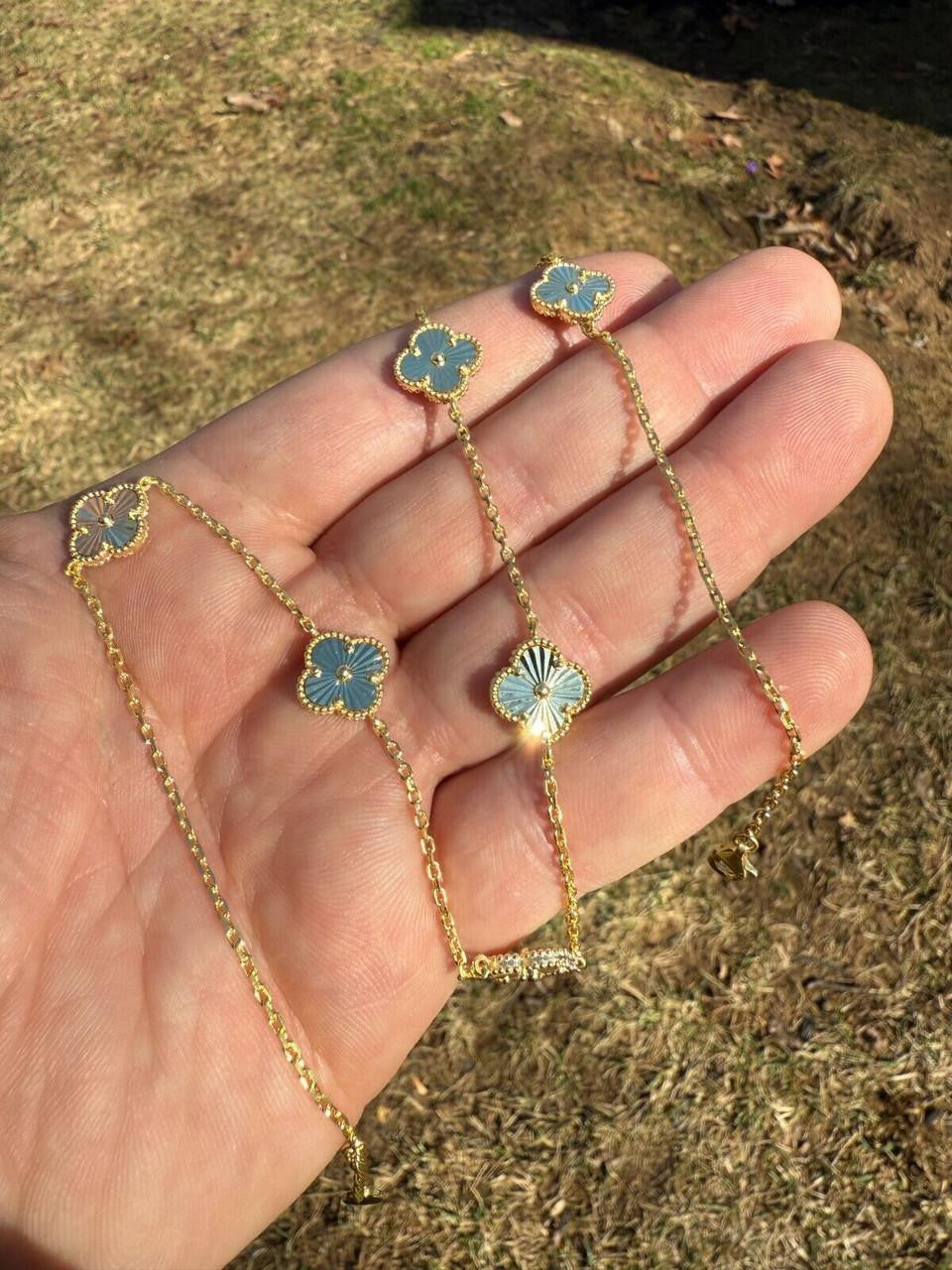 Cleef Clover Link Chain Necklace Or Bracelet Diamond Cut Motifs - 14k Gold Vermeil 925 Sterling Silver - 5.5"-24"