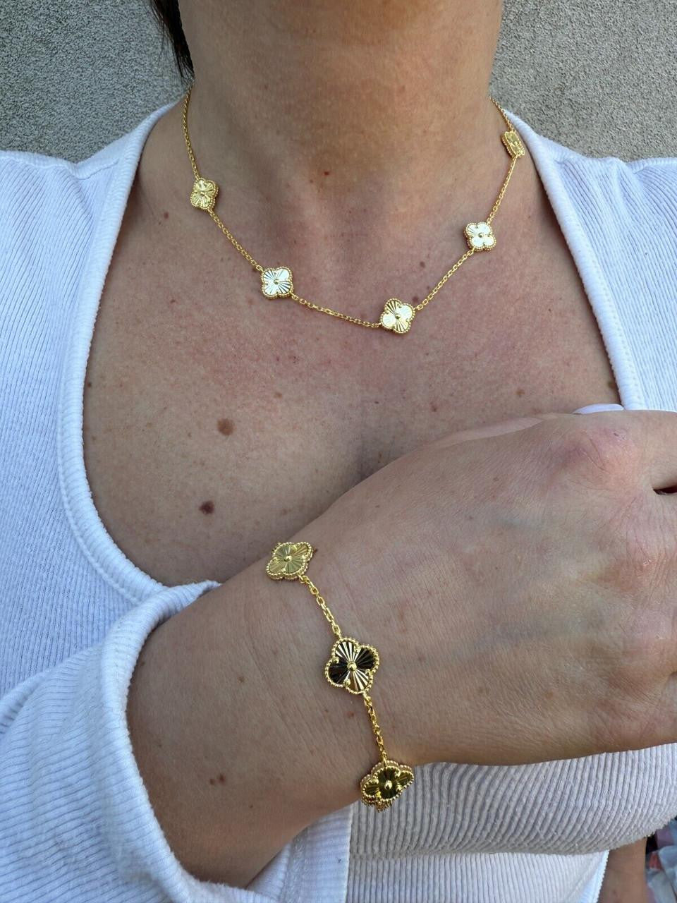 Cleef Clover Link Chain Necklace Or Bracelet Diamond Cut Motifs - 14k Gold Vermeil 925 Sterling Silver - 5.5"-24"