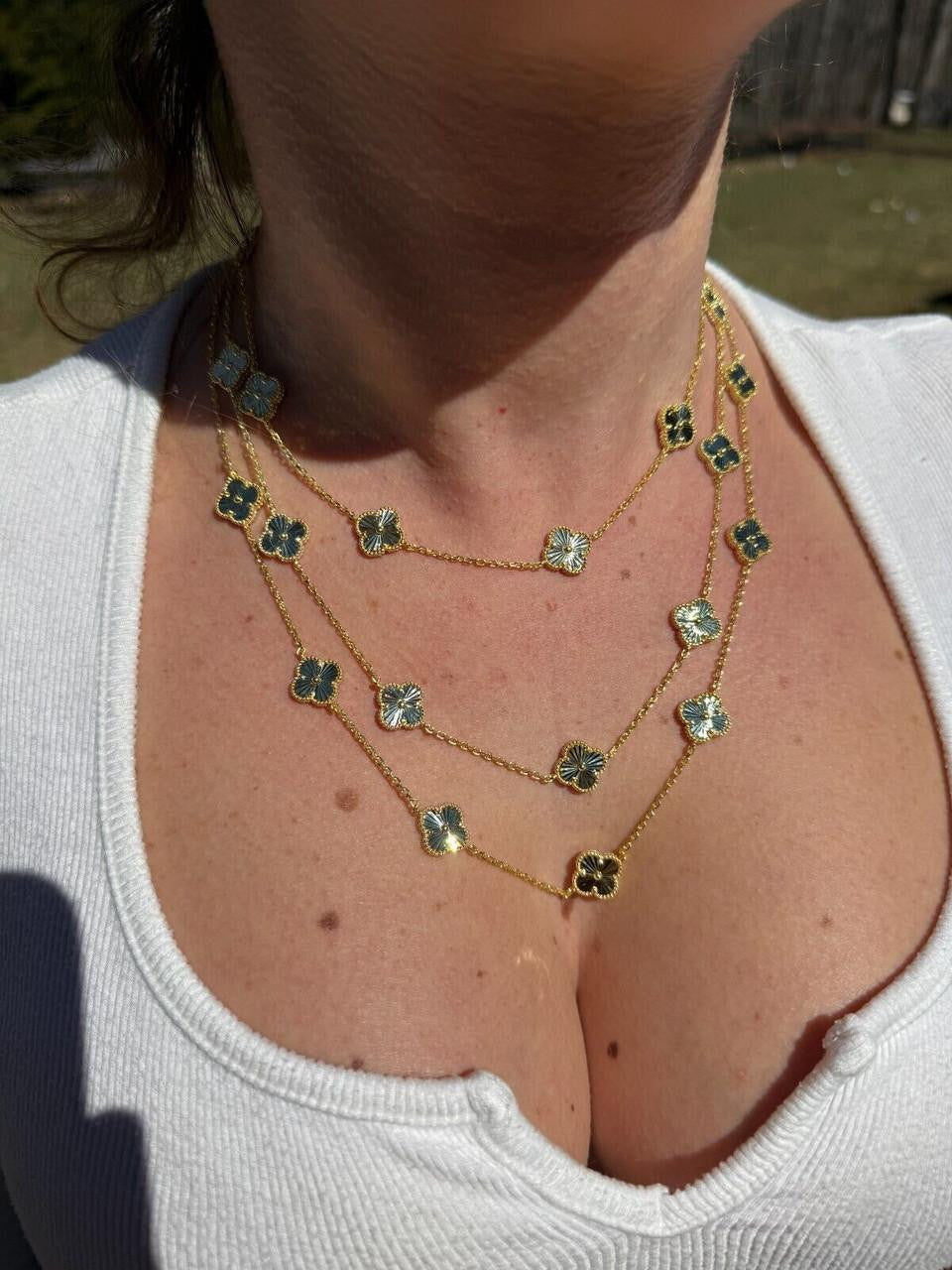 Cleef Clover Link Chain Necklace Or Bracelet Diamond Cut Motifs - 14k Gold Vermeil 925 Sterling Silver - 5.5"-24"