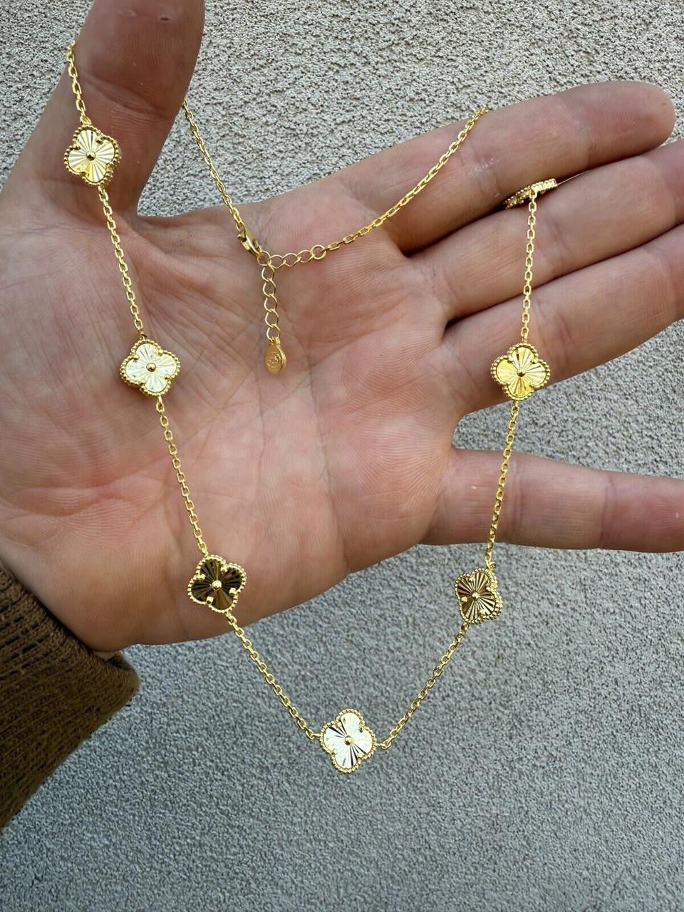 Cleef Clover Link Chain Necklace Or Bracelet Diamond Cut Motifs - 14k Gold Vermeil 925 Sterling Silver - 5.5"-24"