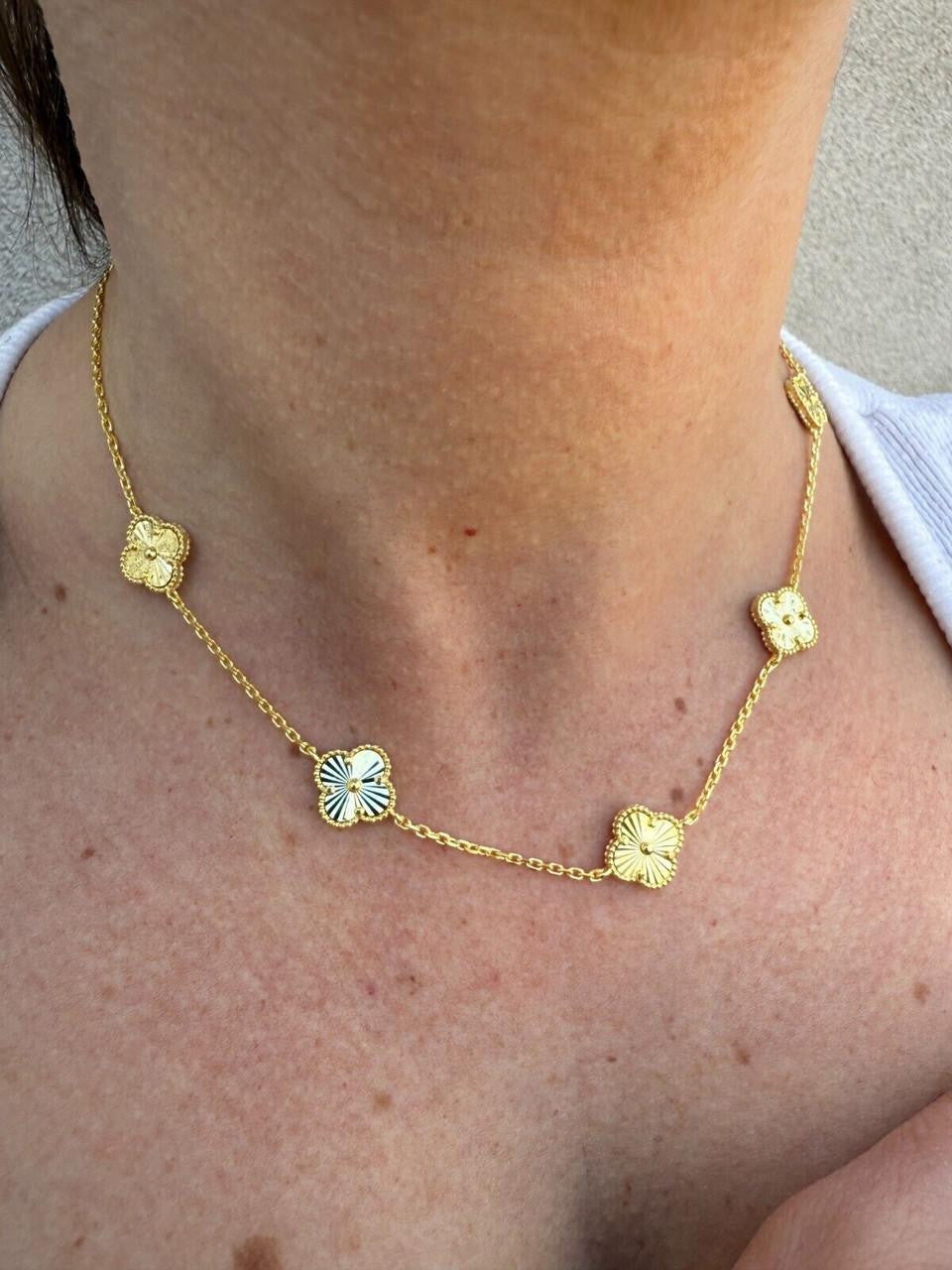 Cleef Clover Link Chain Necklace Or Bracelet Diamond Cut Motifs - 14k Gold Vermeil 925 Sterling Silver - 5.5"-24"