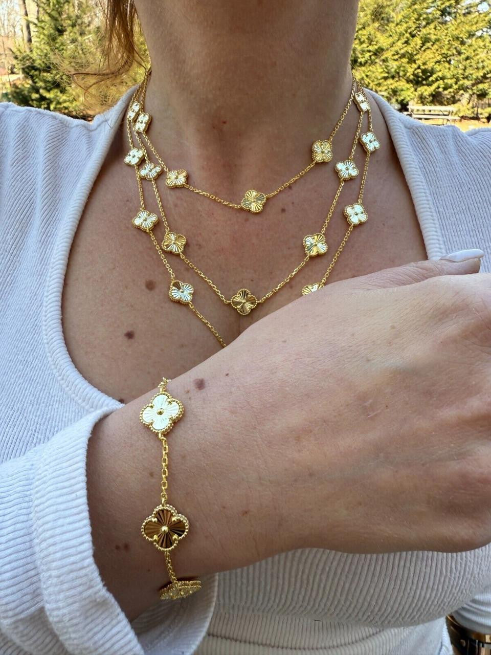 Cleef Clover Link Chain Necklace Or Bracelet Diamond Cut Motifs - 14k Gold Vermeil 925 Sterling Silver - 5.5"-24"