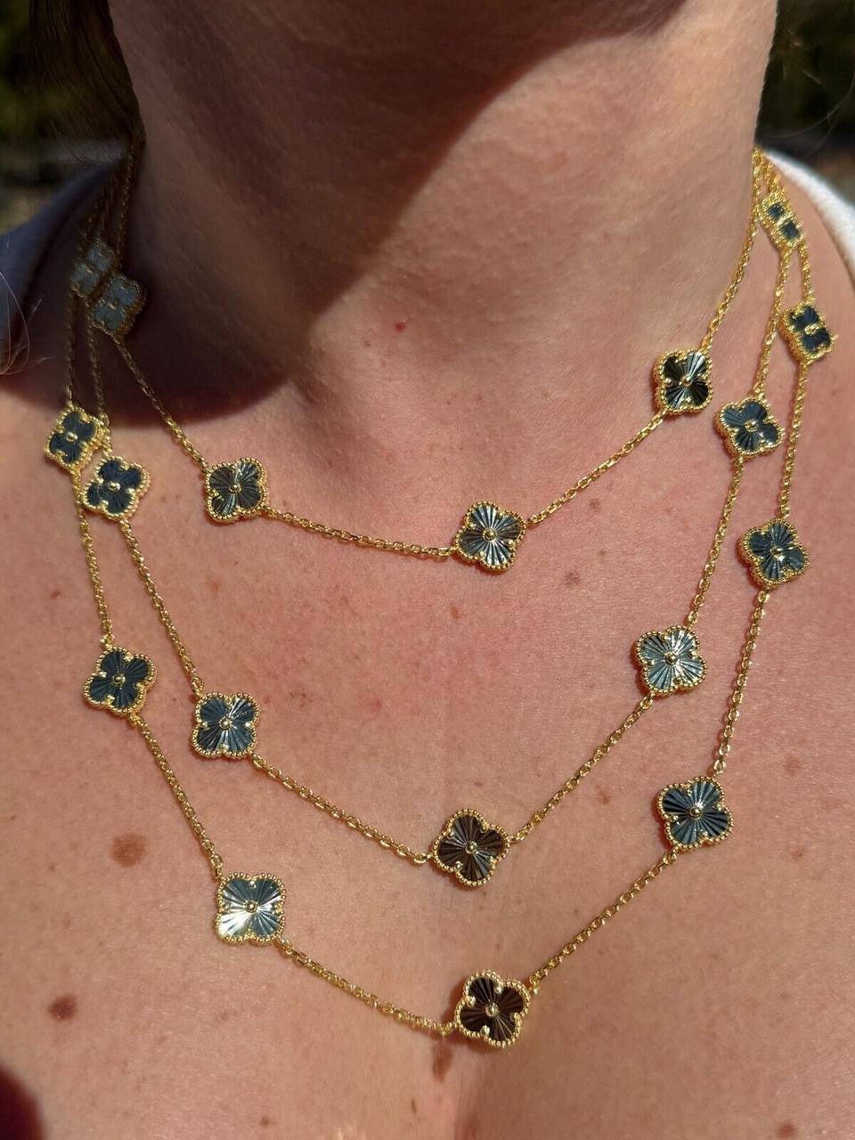 Cleef Clover Link Chain Necklace Or Bracelet Diamond Cut Motifs - 14k Gold Vermeil 925 Sterling Silver - 5.5"-24"