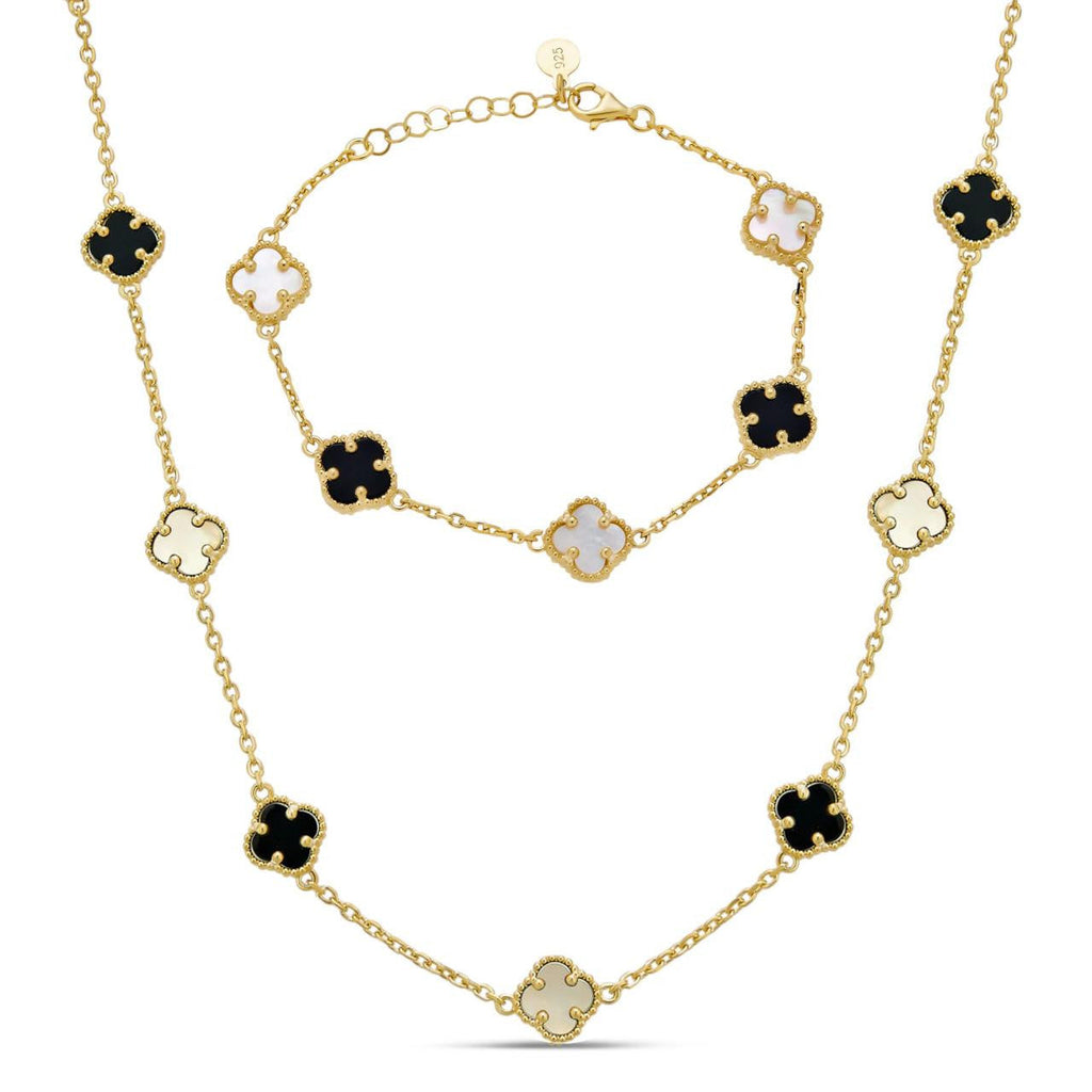 Cleef Clover Link Chain Necklace Or Bracelet Natural Black Onyx & Mother Of Pearl Motifs - 14k Gold Vermeil 925 Sterling Silver - 5.5"-24"