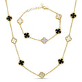 Cleef Clover Link Chain Necklace Or Bracelet Natural Black Onyx & Mother Of Pearl Motifs - 14k Gold Vermeil 925 Sterling Silver - 5.5"-24"