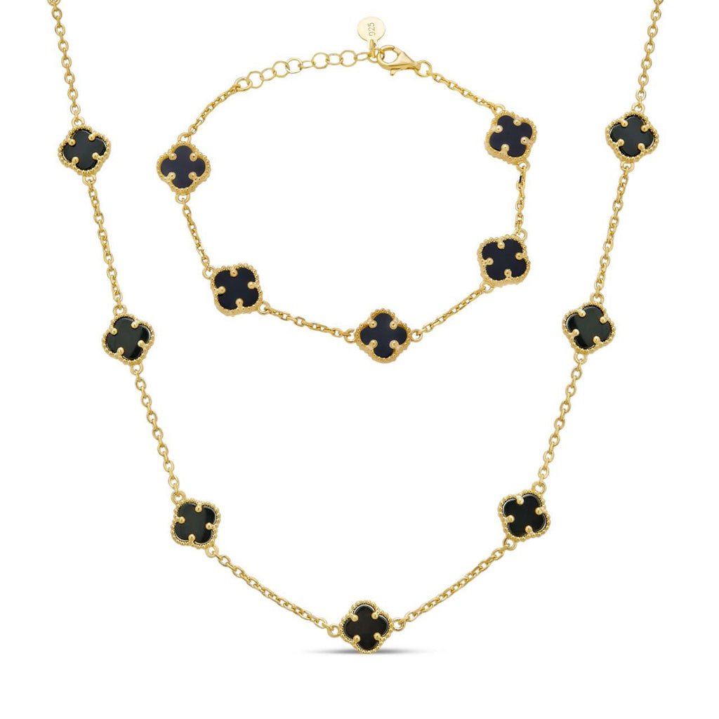 Cleef Clover Link Chain Necklace Or Bracelet Natural Black Onyx Motifs - 14k Gold Vermeil 925 Sterling Silver - 5.5"-24"