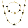 Cleef Clover Link Chain Necklace Or Bracelet Natural Black Onyx Motifs - 14k Gold Vermeil 925 Sterling Silver - 5.5"-24"