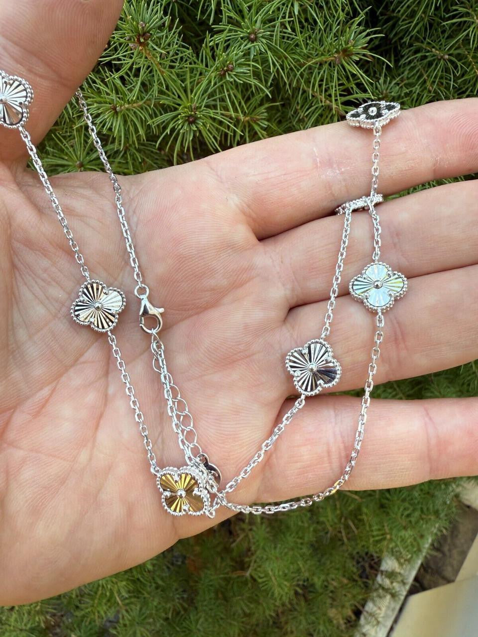 Cleef Clover Link Chain Necklace Or Bracelet Diamond Cut Motifs - 925 Sterling Silver - 5.5"-24"