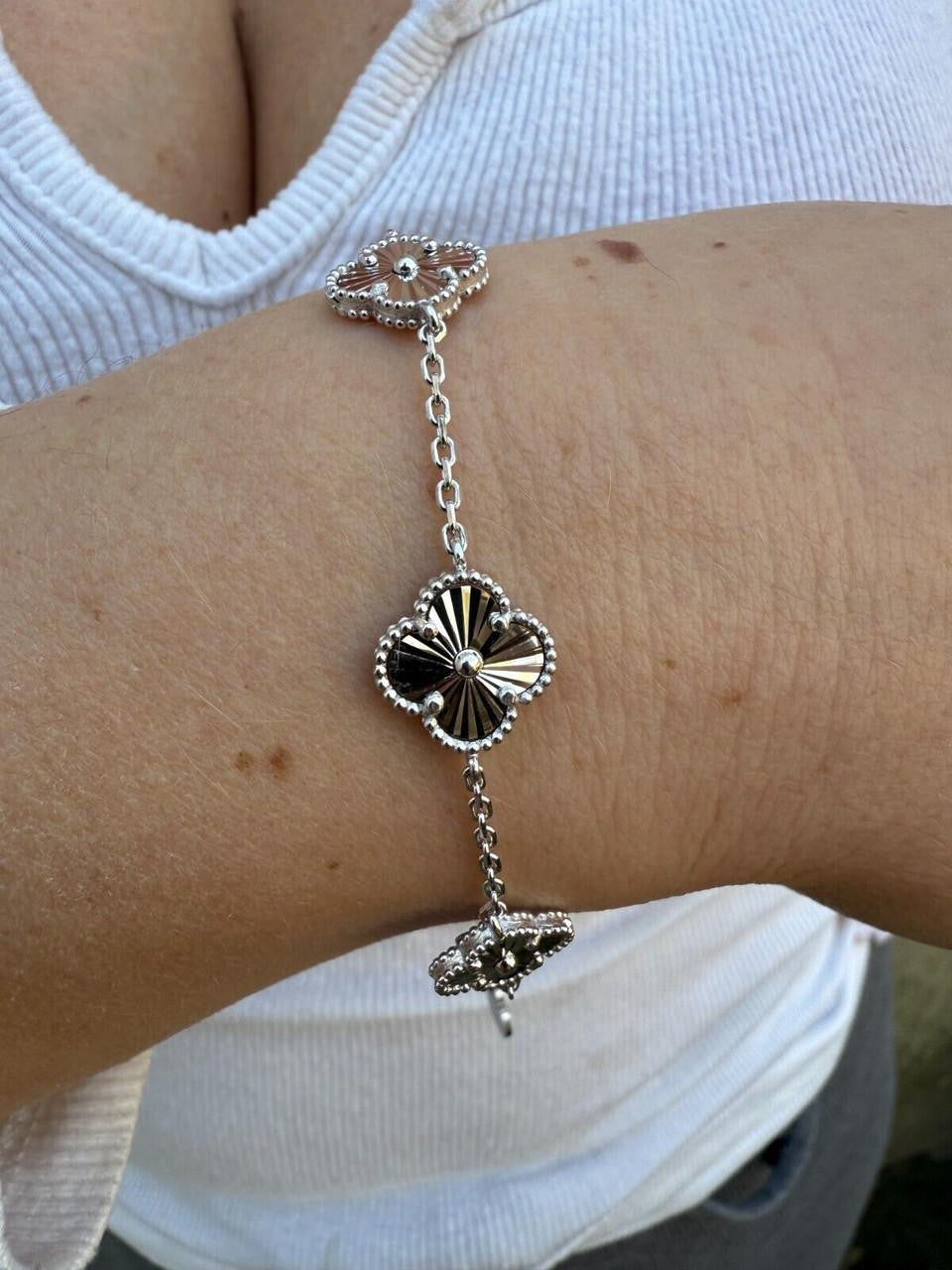 Cleef Clover Link Chain Necklace Or Bracelet Diamond Cut Motifs - 925 Sterling Silver - 5.5"-24"