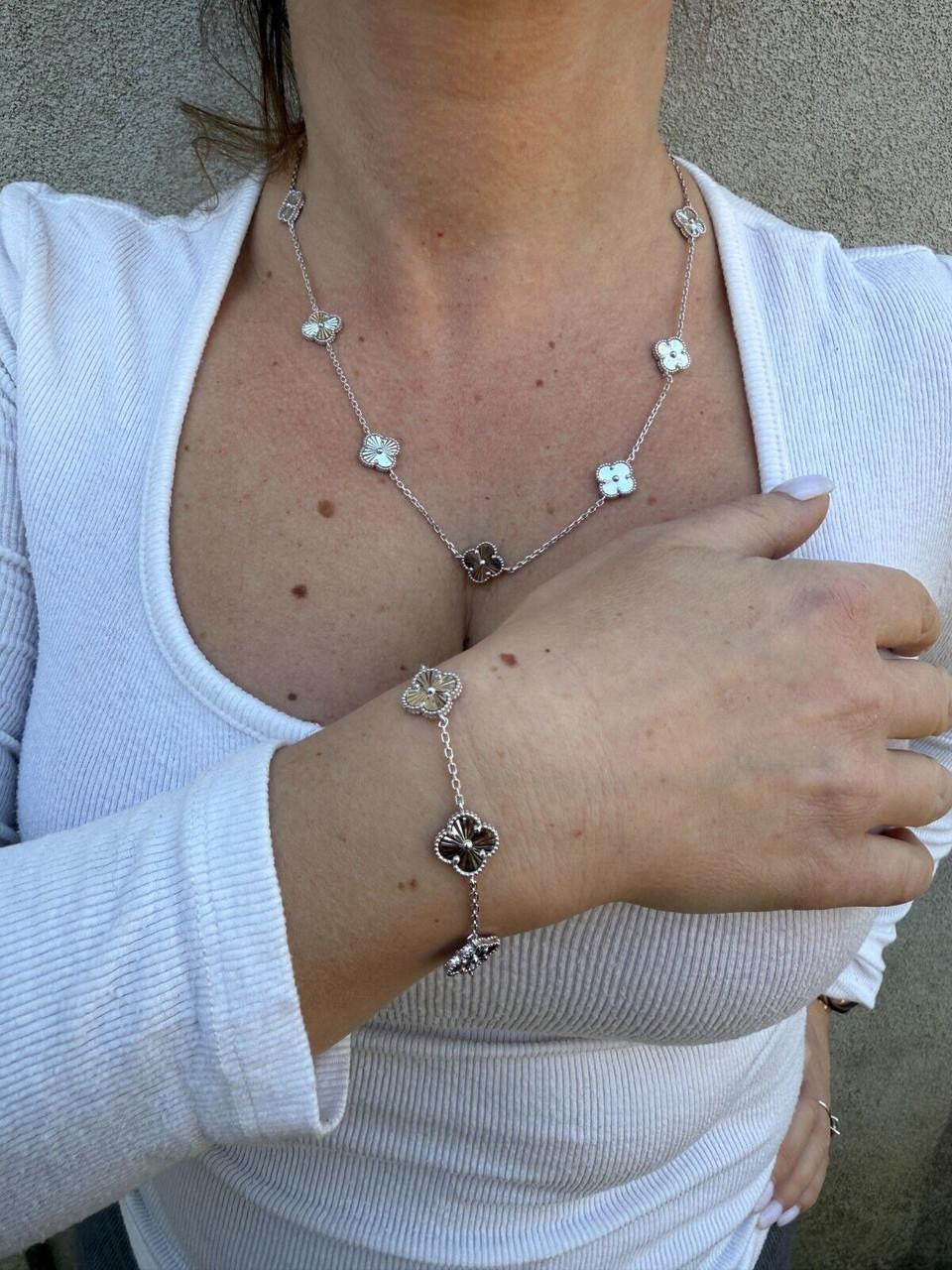 Cleef Clover Link Chain Necklace Or Bracelet Diamond Cut Motifs - 925 Sterling Silver - 5.5"-24"