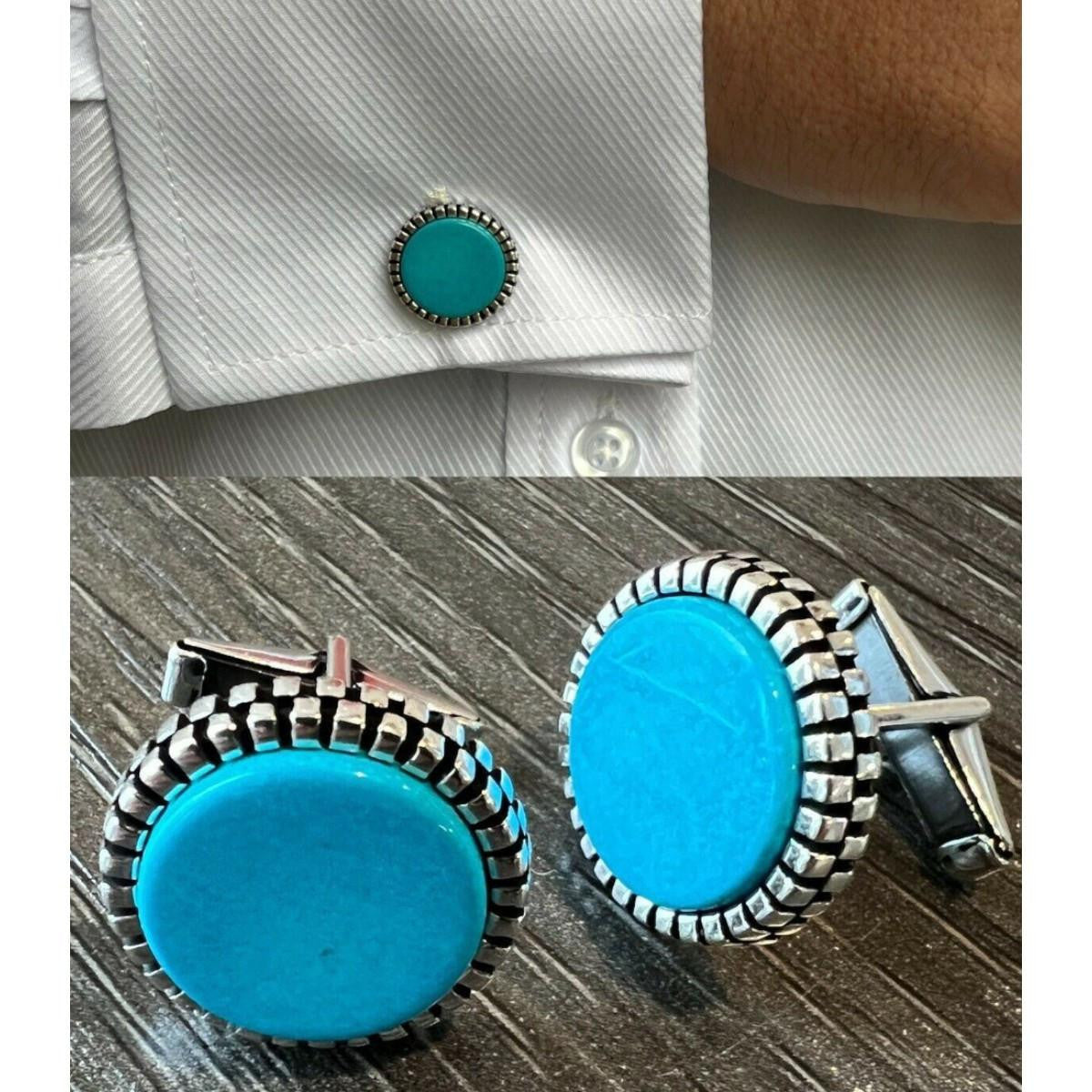 Cufflinks Round Classic - 925 Silver - Blue Turquoise Gemstone