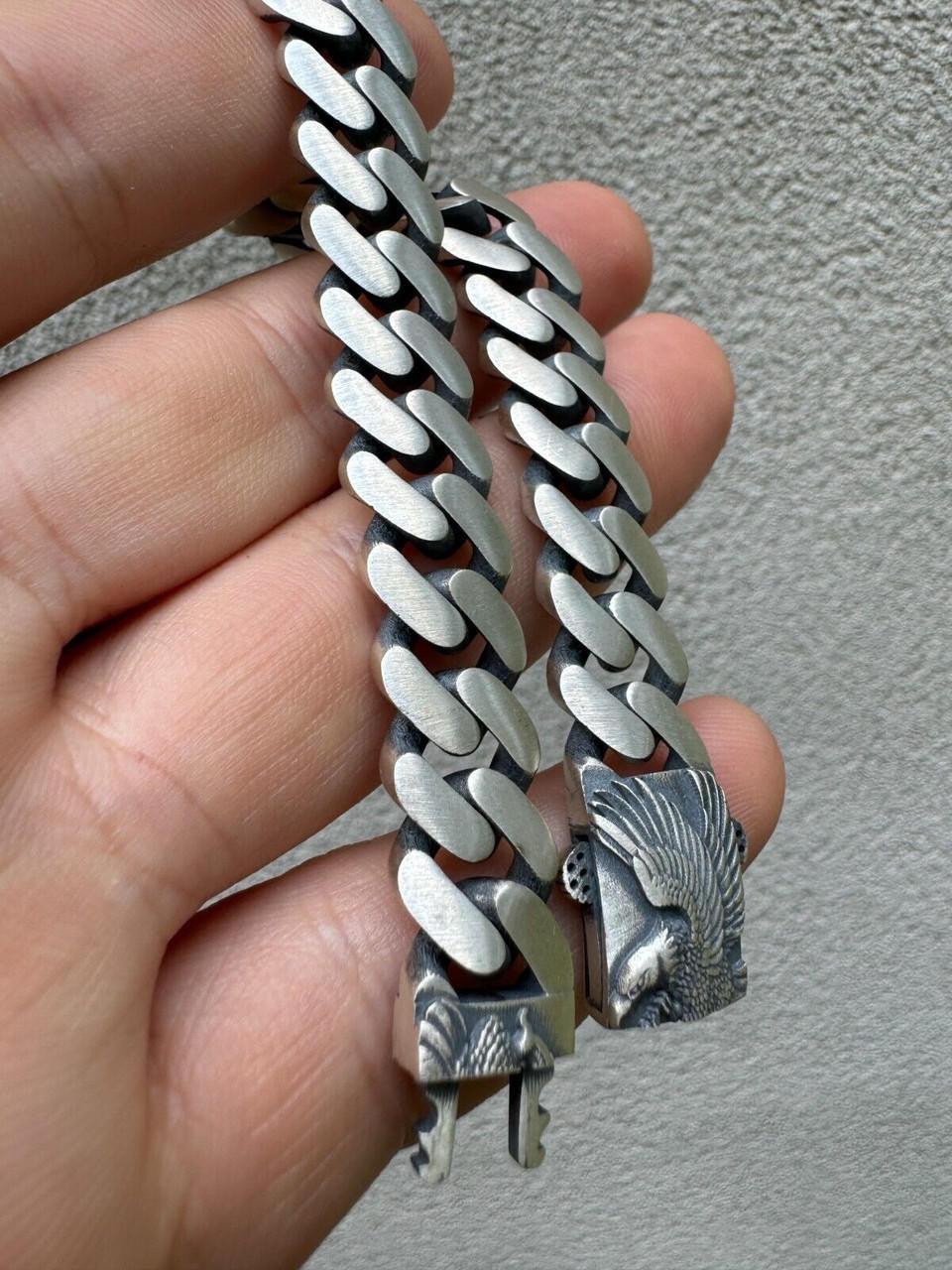 Miami Cuban Bracelet With Custom Eagle Sleek Clasp - 925 Sterling Silver Oxidized Gunmetal - 7"-9" - 12mm