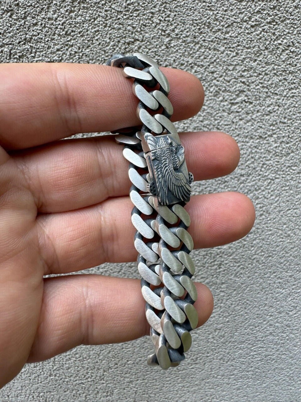 Miami Cuban Bracelet With Custom Eagle Sleek Clasp - 925 Sterling Silver Oxidized Gunmetal - 7"-9" - 12mm